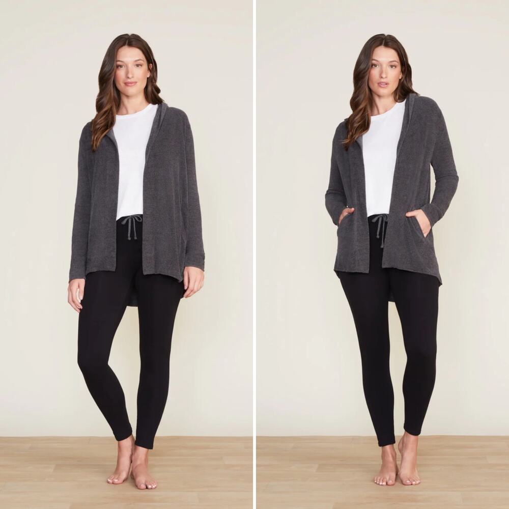 Barefoot Dreams CozyChic Ultra Lite Hooded‎ Cardi Gray Sz Small Cardigan Sweater